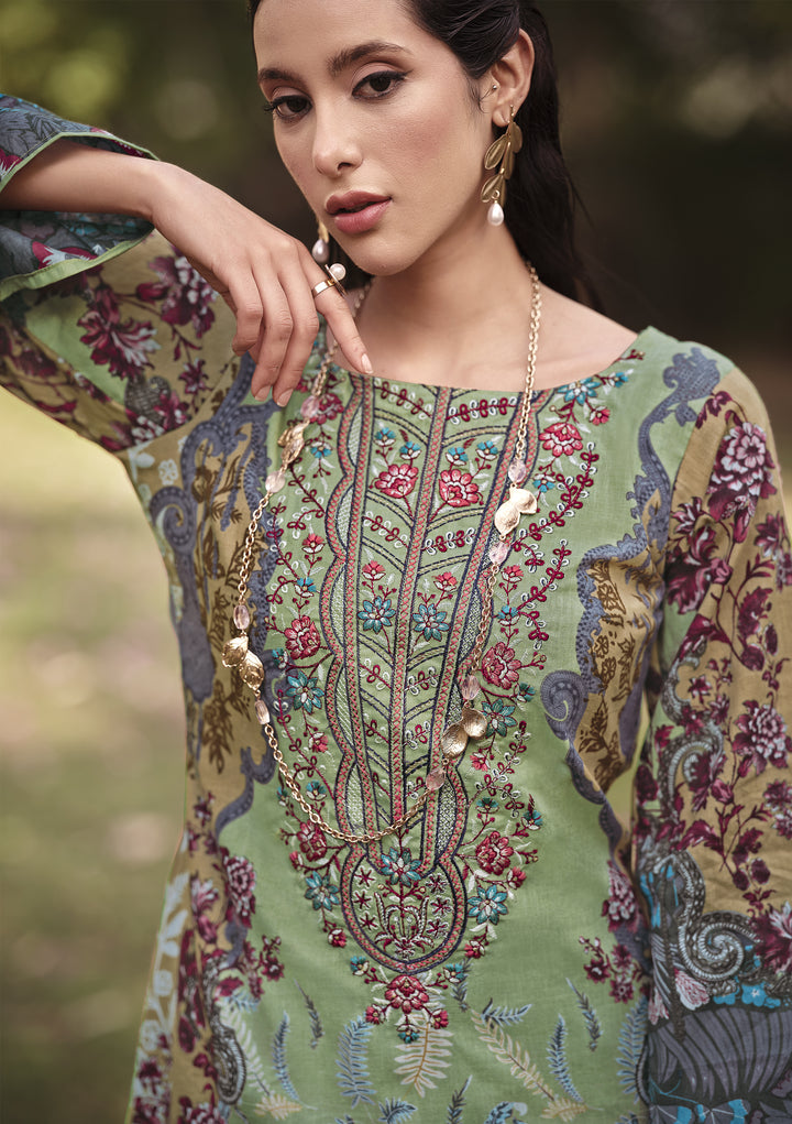 Ladyline 100% Cotton Pakistani Printed Embroidered Salwar Kameez Suit for Women with Mal Dupatta