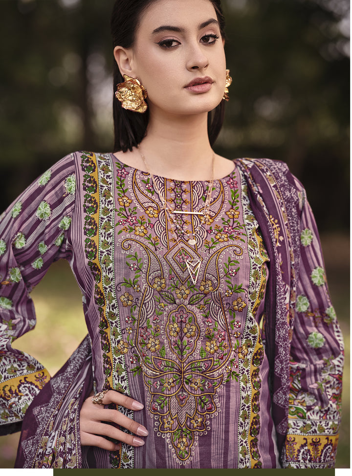 Ladyline 100% Cotton Pakistani Printed Embroidered Salwar Kameez Suit for Women with Mal Dupatta