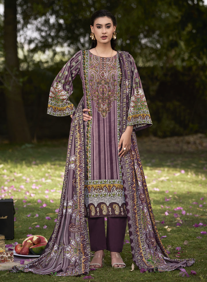 Ladyline 100% Cotton Pakistani Printed Embroidered Salwar Kameez Suit for Women with Mal Dupatta