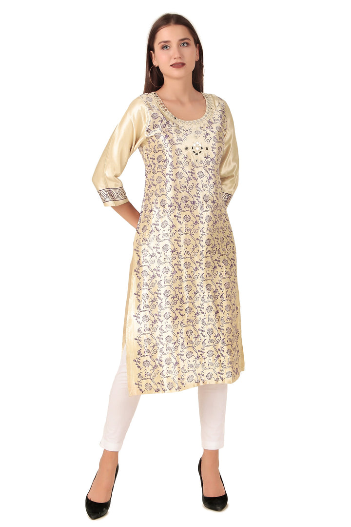 Ladyline Women's Formal Gaji Silk Tunic Kurti - Hand Block Printed and Mirror Work Indian Kurta