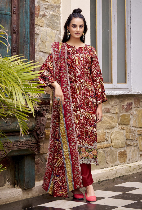 Rayon Digital Printed Salwar Kameez Set with Embroidered Daman