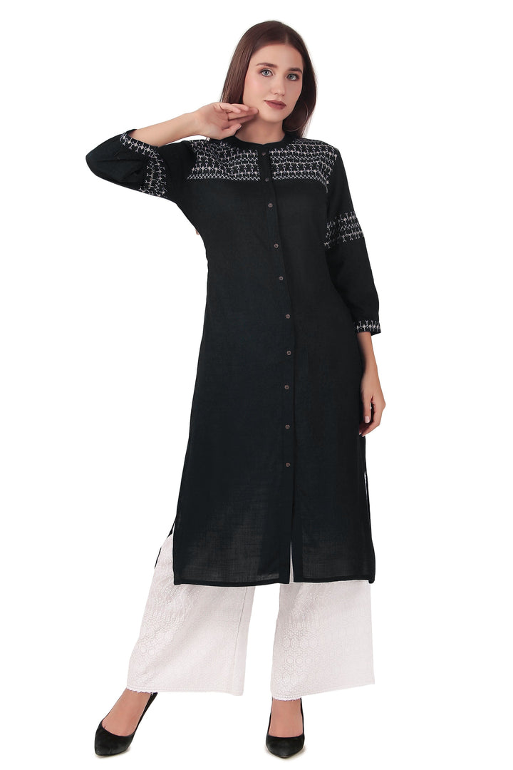 Ladyline Women's Rayon Plain Embroidered Tunic Kurti Mandarin Collar Front Slit 3/4 Sleeves