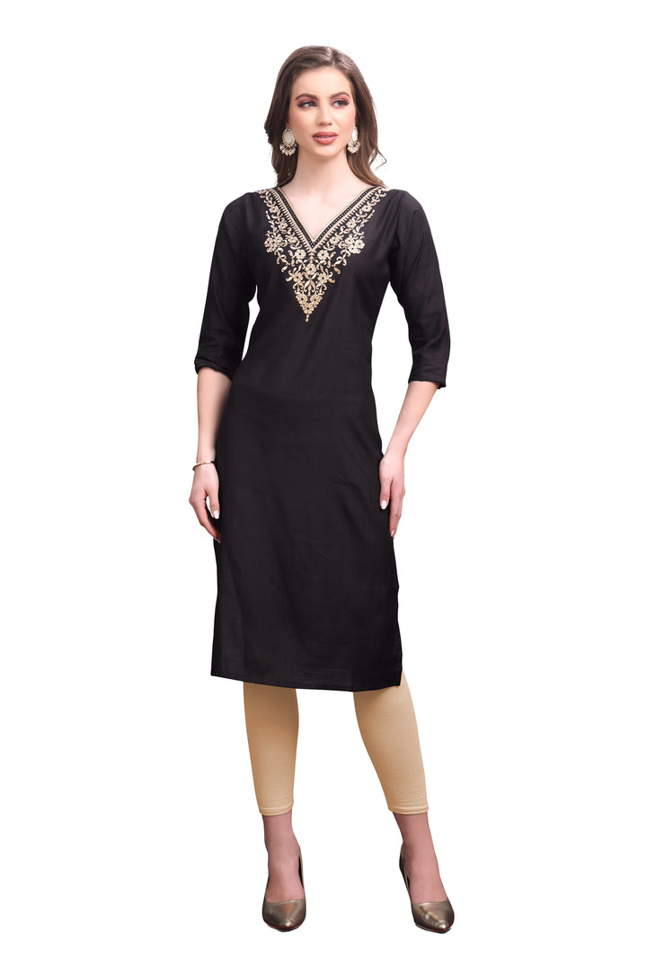 Ladyline Women's Rayon Silk Embroidered Tunic Top Plain V Neck Kurti Kurta 3/4 Length Sleeves