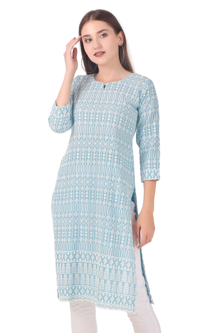 Ladyline Women's White Rayon Tunic Top - Chikankari Embroidered Round Neck Kurti Kurta