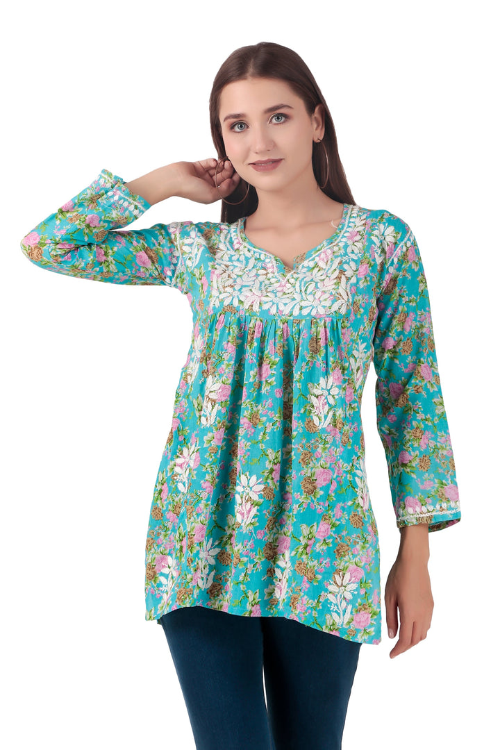 Ladyline Women's Lucknowi Hand Embroidered Tunic Top - Soft Lawn Cotton Kurti / Kurta