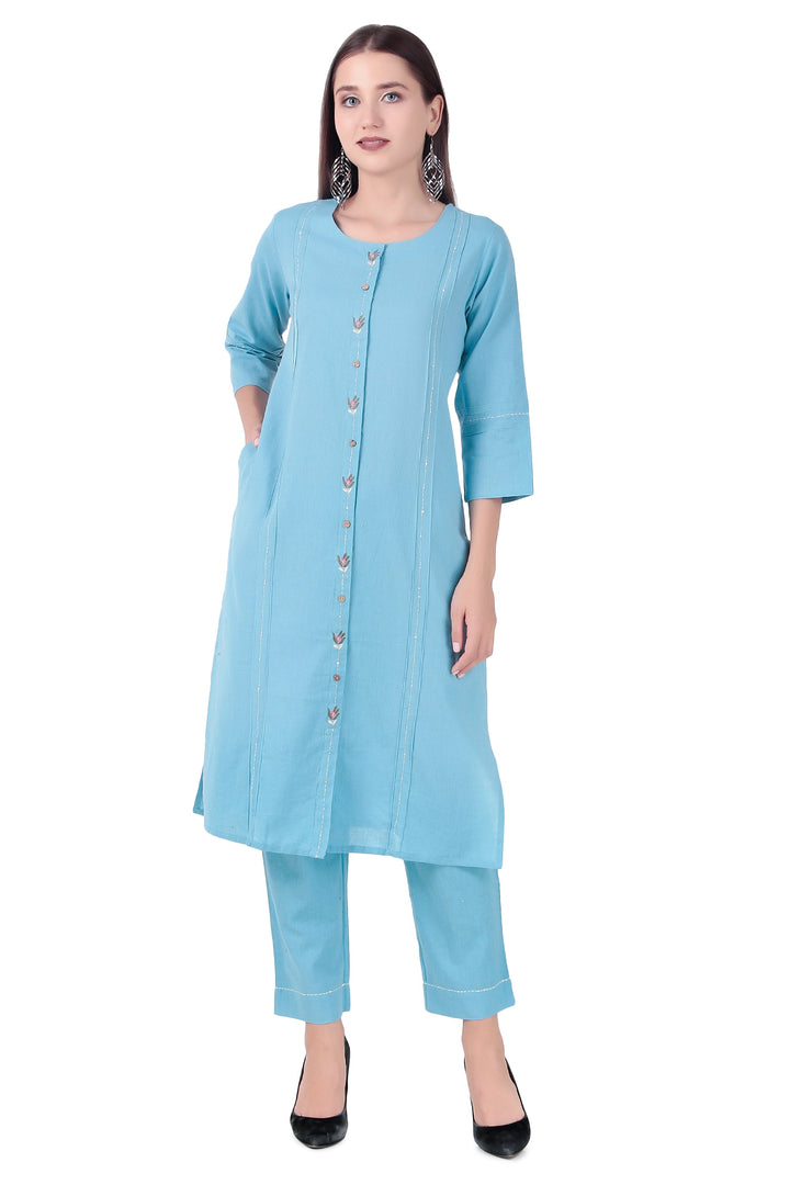 Ladyline Women's 2-Piece Cotton Co-Ord Set - Kurti with Palazzo Pants, Linen Look with Embroidery