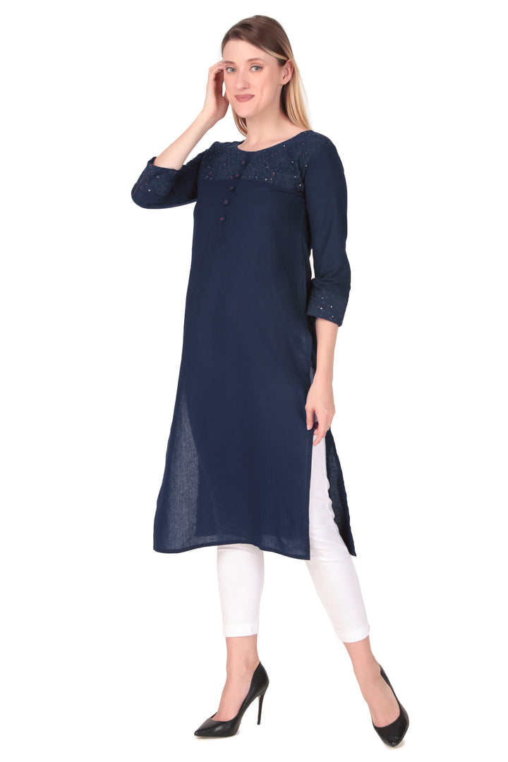 Ladyline Womens Rayon-Cotton Embroidered Kurti Tunic Plain Round Neck Buttons Indian Kurta