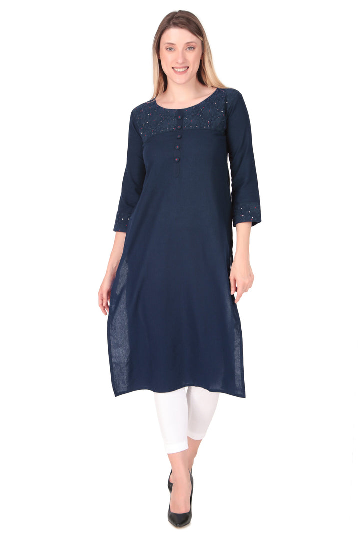 Ladyline Womens Rayon-Cotton Embroidered Kurti Tunic Plain Round Neck Buttons Indian Kurta