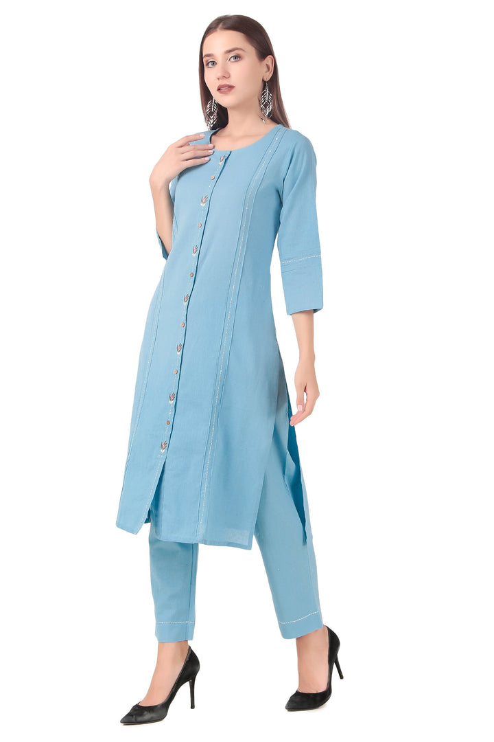 Ladyline Women's 2-Piece Cotton Co-Ord Set - Kurti with Palazzo Pants, Linen Look with Embroidery