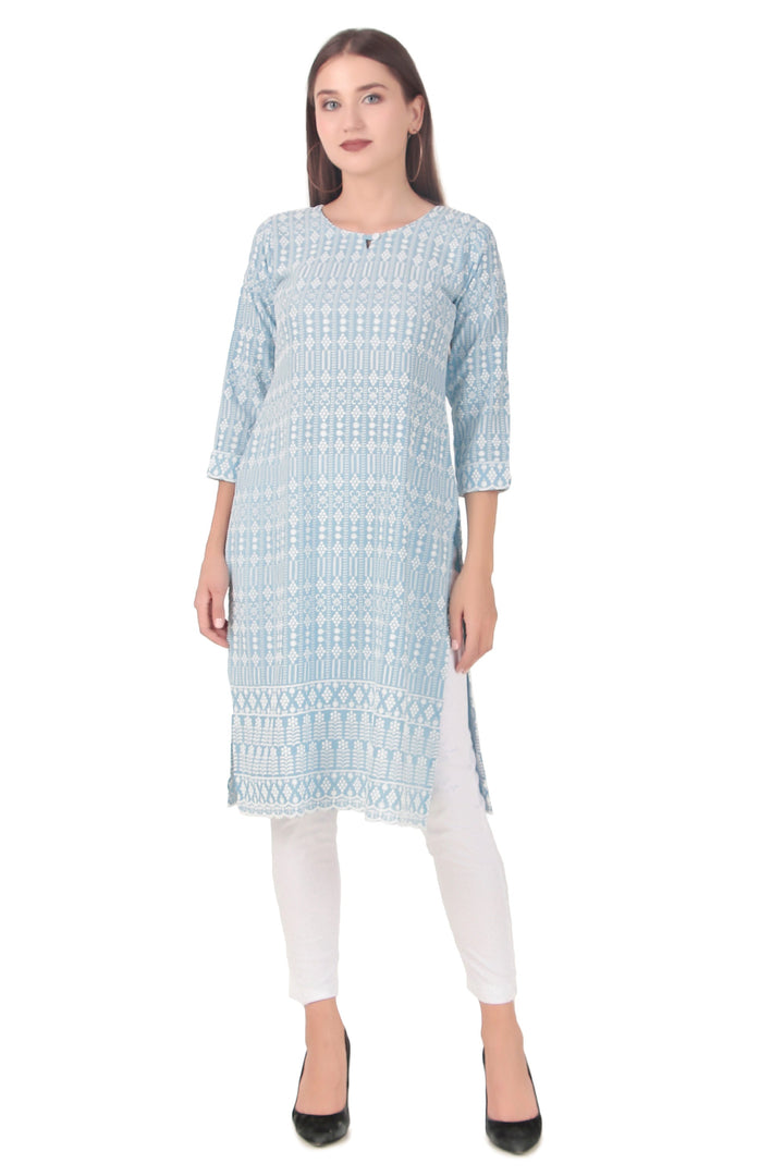 Ladyline Women's White Rayon Tunic Top - Chikankari Embroidered Round Neck Kurti Kurta