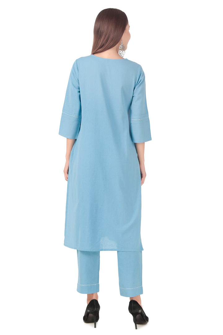 Ladyline Women's 2-Piece Cotton Co-Ord Set - Kurta with Palazzo Pants, Linen Look with Embroidery