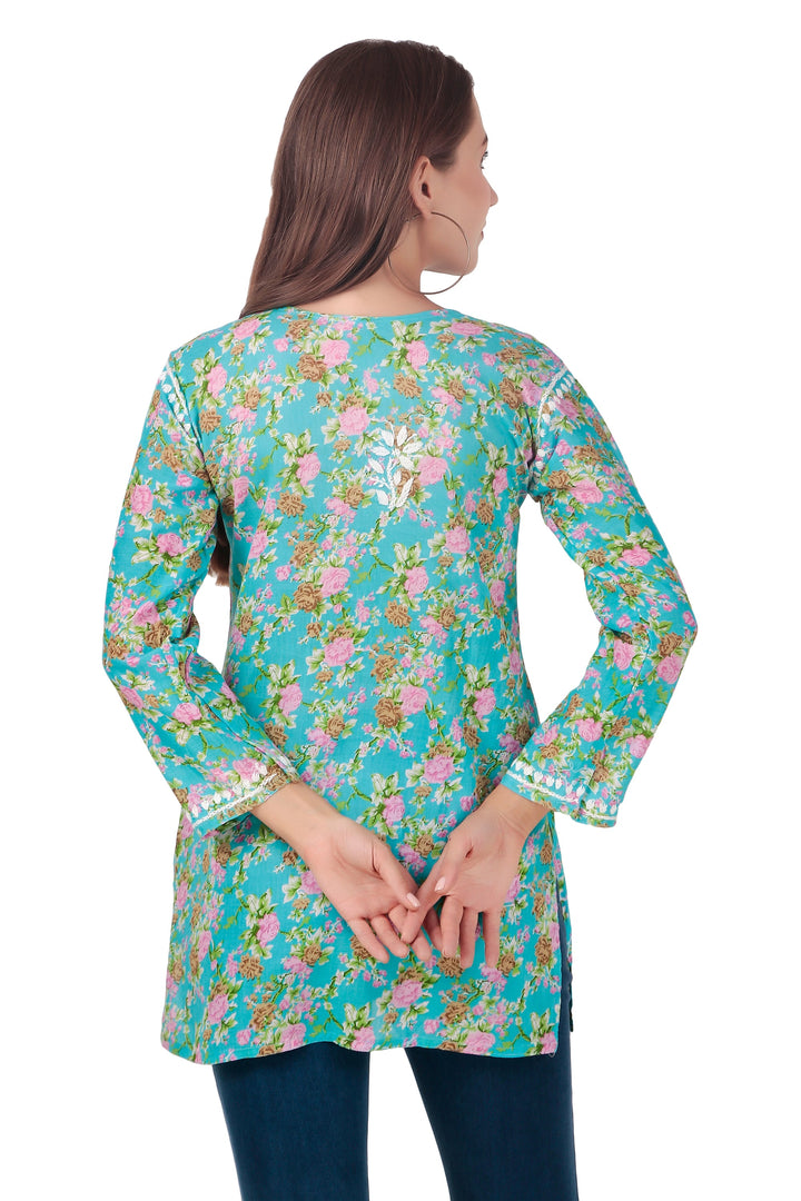 Ladyline Women's Lucknowi Hand Embroidered Tunic Top - Soft Lawn Cotton Kurti / Kurta