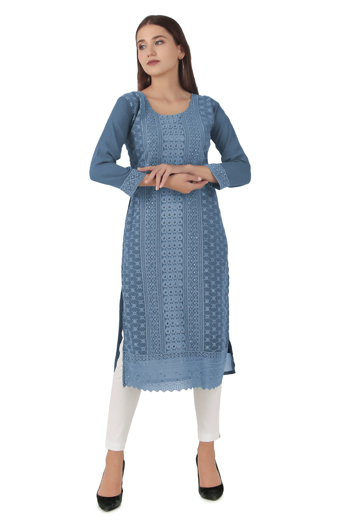 Ladyline Long Tunic Kurti Womens Georgette Chikankari Embroidered Sequins Kurta Top