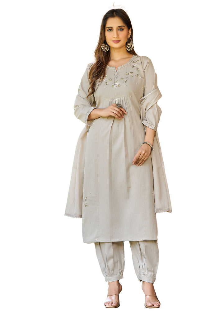 Ladyline Womens Cotton Afghani Style Salwar Kameez Suit Set with Embroidered Kurta, Harem Pants & Lawn Dupatta – Ethnic Wear Indian Dress