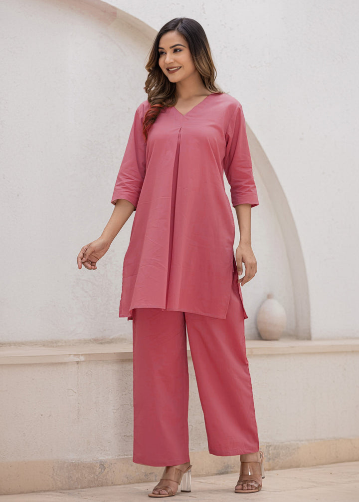 Ladyline Womens Two-Piece Tunic Top and Wide Leg Pants Set Plain Cotton Kurta Pants Set