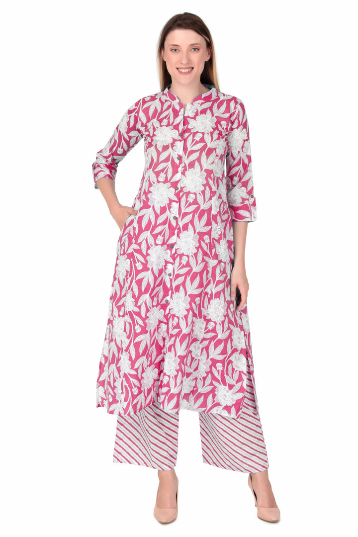 Ladyline Womens Cotton Kurta Palazzo Pants Set Printed Tunic Kurti Dress | 2-Pcs Co-Ord Set