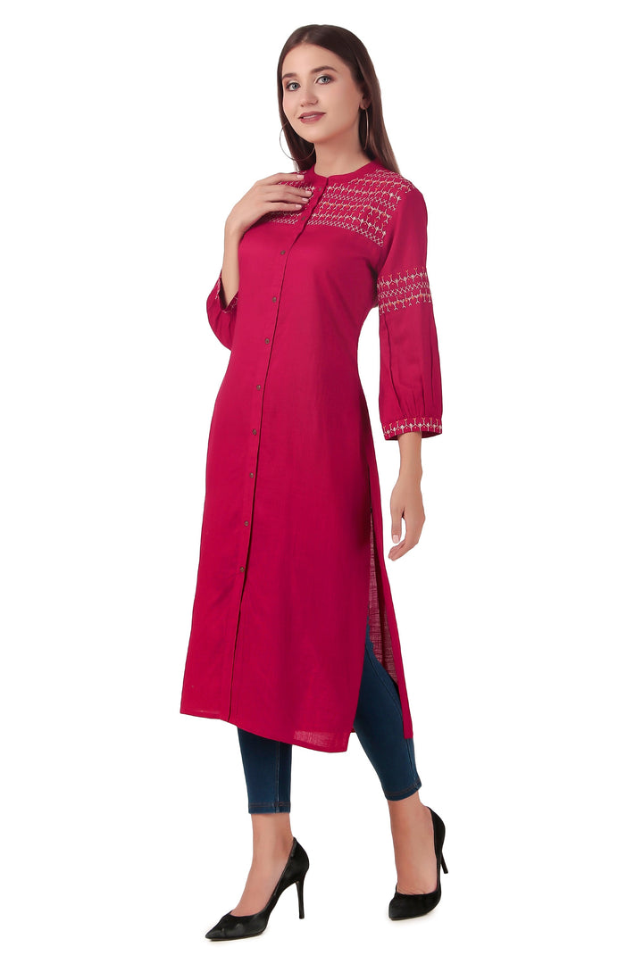 Ladyline Women's Rayon Plain Embroidered Tunic Kurti Mandarin Collar Front Slit 3/4 Sleeves