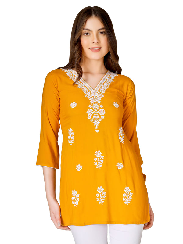 Ladyline Women's Rayon Chikan Embroidered Tunic Top – Lucknowi Chikankari Schiffli Embroidery Kurta, 3/4 Sleeves, Short Kurti Blouse Shirt