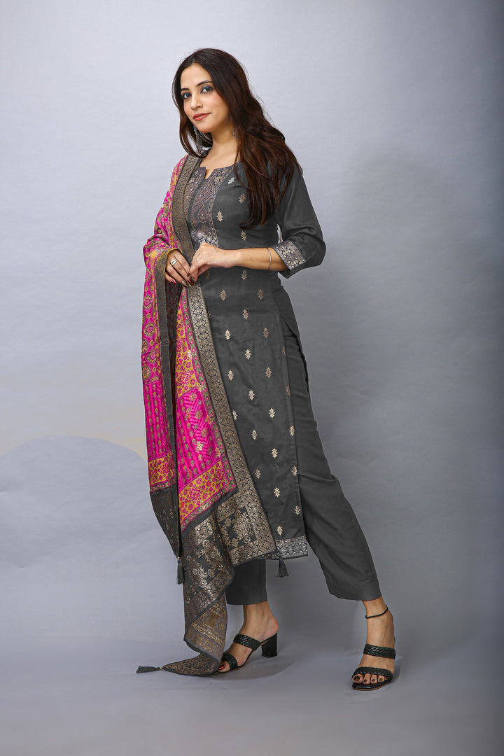 Ladyline Jacquard Silk Weaving Salwar Kameez - Brocade Patola Printed Dupatta Indian Dress