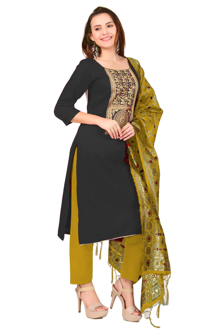 Ladyline Partywear Cotton Salwar Kameez Embroidered Dress with Brocade Silk Dupatta