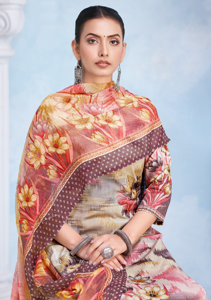 Ladyline Womens Cotton Printed Salwar Kameez Set with Chiffon Dupatta | Floral Designs Ethnic Suit with Pants | Casual Daily & Festive Wear