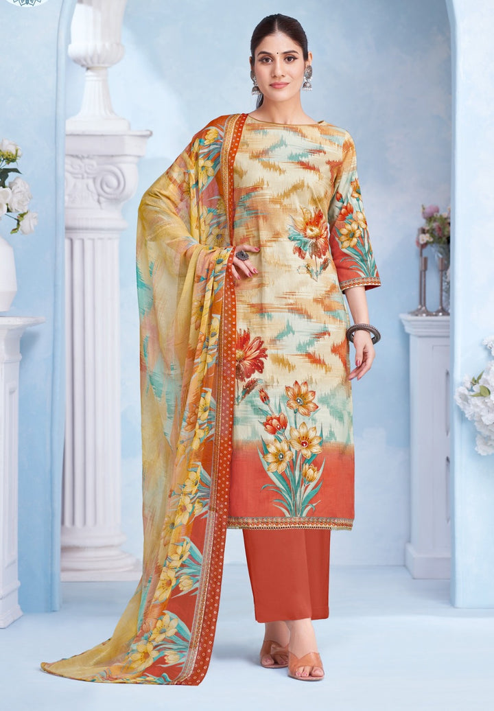 Ladyline Womens Cotton Printed Salwar Kameez Set with Chiffon Dupatta | Floral Designs Ethnic Suit with Pants | Casual Daily & Festive Wear