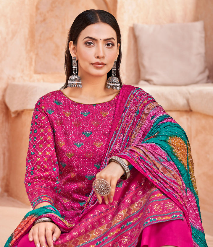 Ladyline Womens Cotton Salwar Kameez | Ethnic Bandhani Style Printed | Kurta Set with Palazzo Pants & Dupatta - Highlight work - Indian Dress