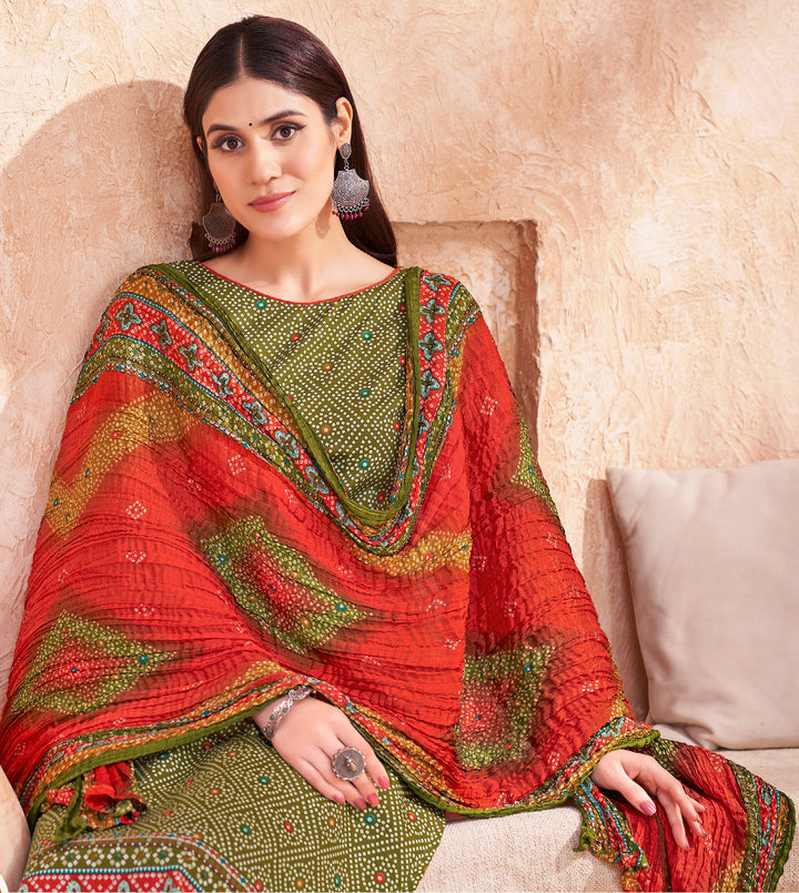 Ladyline Womens Cotton Salwar Kameez | Ethnic Bandhani Style Printed | Kurta Set with Palazzo Pants & Dupatta - Highlight work - Indian Dress