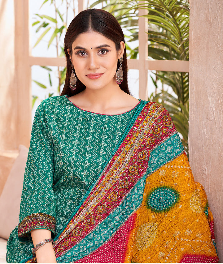 Ladyline Womens Cotton Salwar Kameez | Ethnic Bandhani Style Printed | Kurta Set with Palazzo Pants & Dupatta - Highlight work - Indian Dress