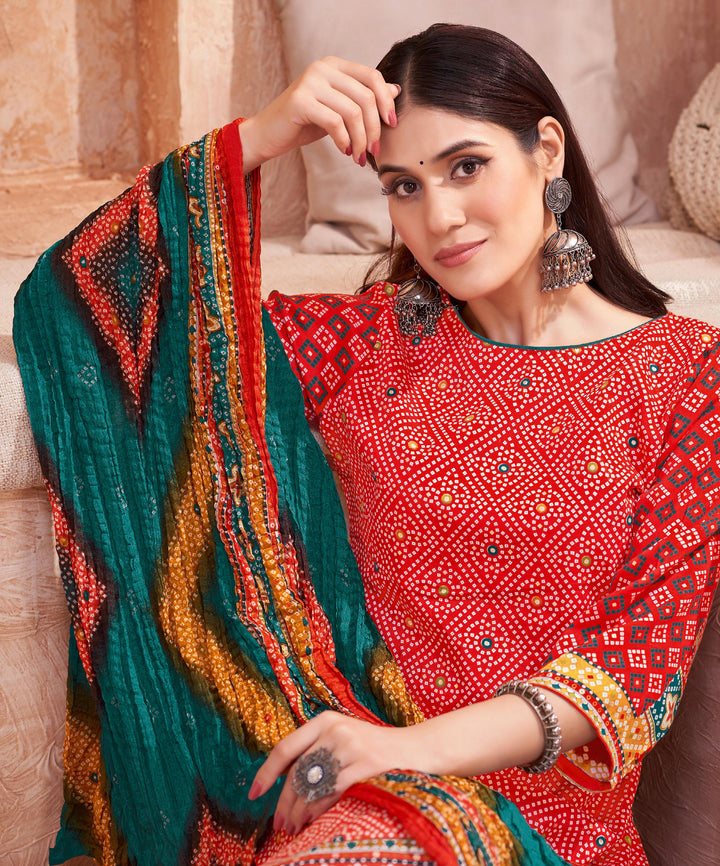 Ladyline Womens Cotton Salwar Kameez | Ethnic Bandhani Style Printed | Kurta Set with Palazzo Pants & Dupatta - Highlight work - Indian Dress
