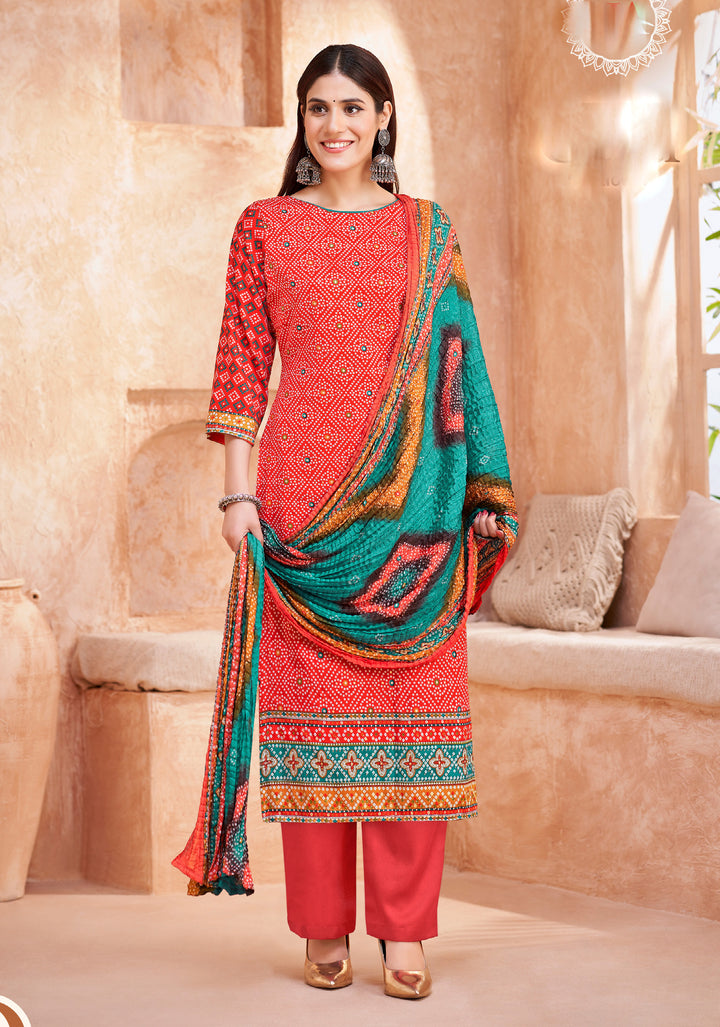 Ladyline Womens Cotton Salwar Kameez | Ethnic Bandhani Style Printed | Kurta Set with Palazzo Pants & Dupatta - Highlight work - Indian Dress