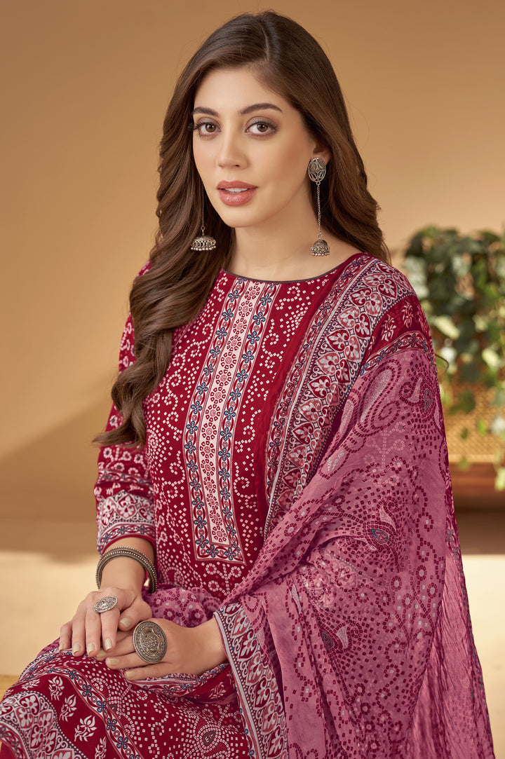 Ladyline Womens Cotton Bandhani Printed Salwar Kameez Set with Chiffon Dupatta | Traditional Indian Ethnic Suit with Pants | Casual & Festive Wear