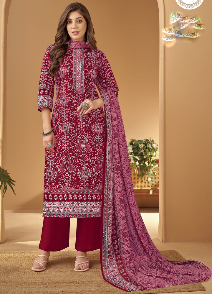 Ladyline Womens Cotton Bandhani Printed Salwar Kameez Set with Chiffon Dupatta | Traditional Indian Ethnic Suit with Pants | Casual & Festive Wear