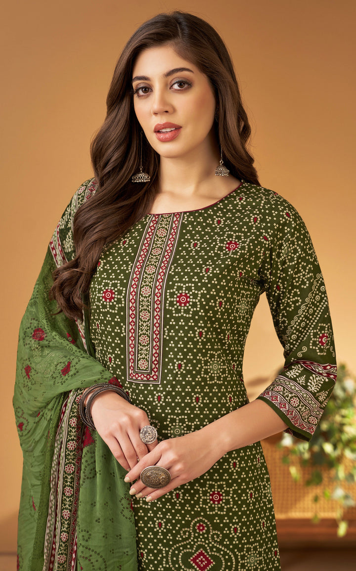 Ladyline Womens Cotton Bandhani Printed Salwar Kameez Set with Chiffon Dupatta | Traditional Indian Ethnic Suit with Pants | Casual & Festive Wear