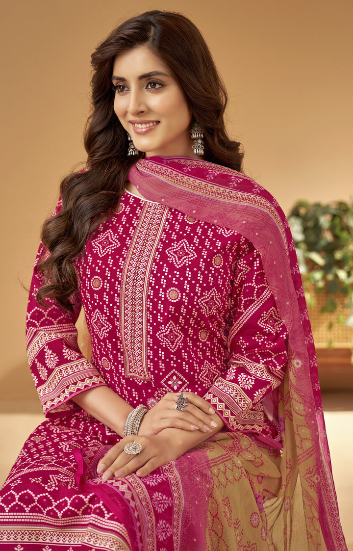 Ladyline Womens Cotton Bandhani Printed Salwar Kameez Set with Chiffon Dupatta | Traditional Indian Ethnic Suit with Pants | Casual & Festive Wear