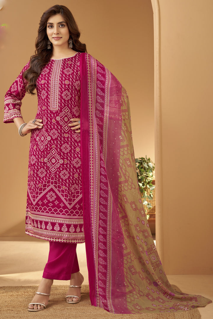 Ladyline Womens Cotton Bandhani Printed Salwar Kameez Set with Chiffon Dupatta | Traditional Indian Ethnic Suit with Pants | Casual & Festive Wear