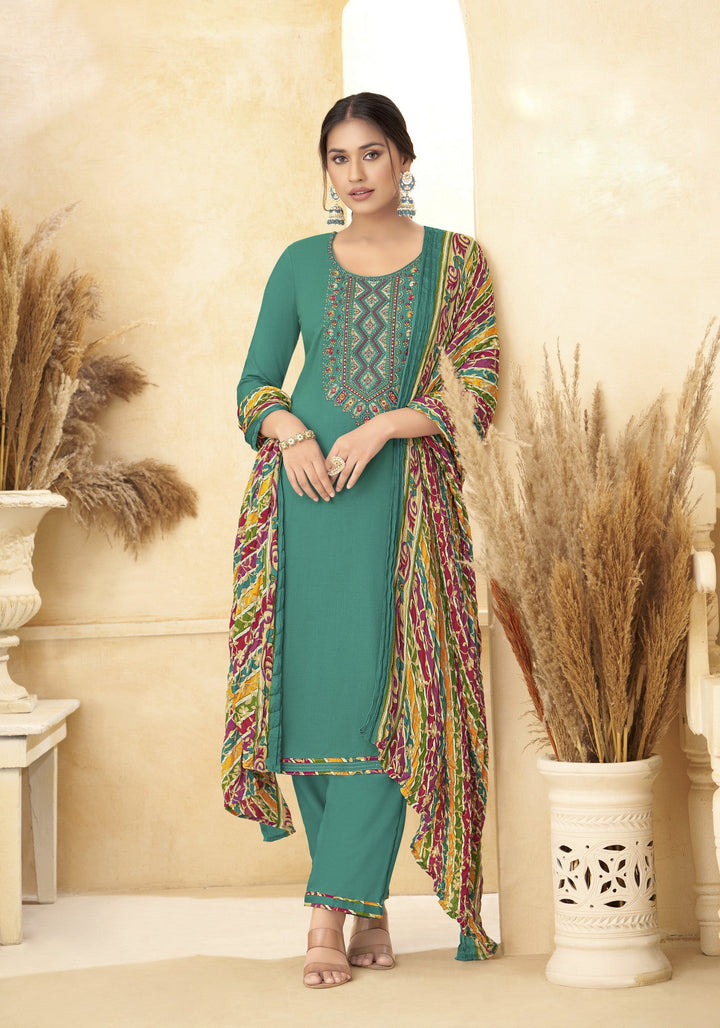 Ladyline Rayon Embroidered Salwar Kameez Suit with Bandhani Printed Dupatta | Palazzo Pants