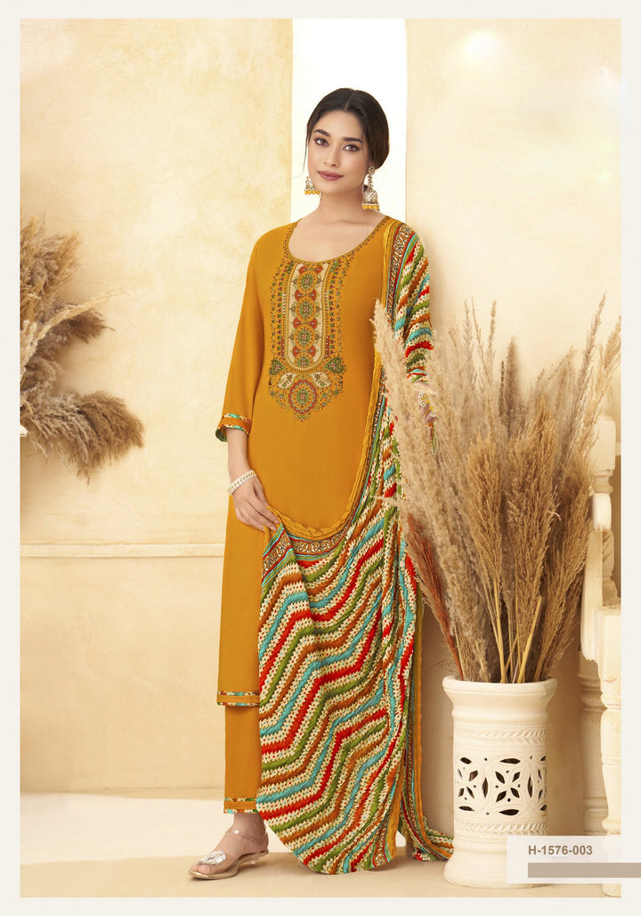 Ladyline Rayon Embroidered Salwar Kameez Suit with Bandhani Printed Dupatta | Palazzo Pants