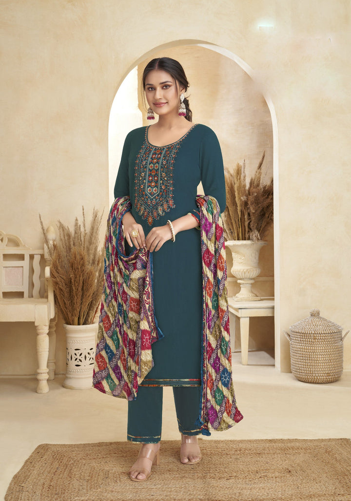 Ladyline Rayon Embroidered Salwar Kameez Suit with Bandhani Printed Dupatta | Palazzo Pants