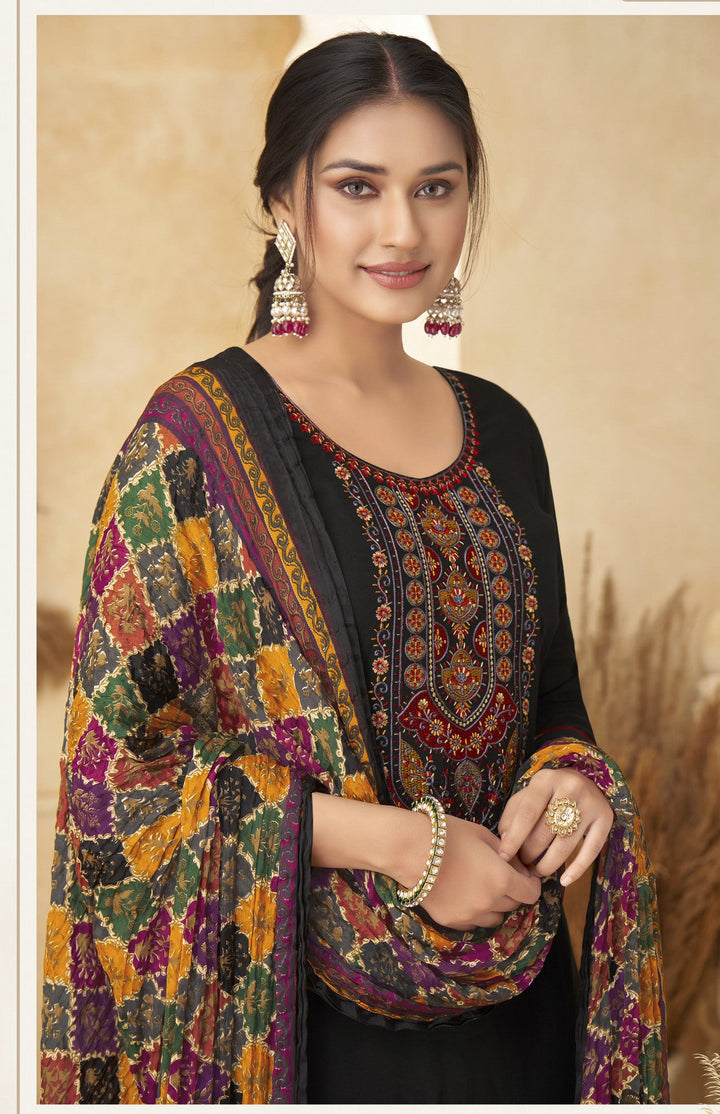 Ladyline Rayon Embroidered Salwar Kameez Suit with Bandhani Printed Dupatta | Palazzo Pants