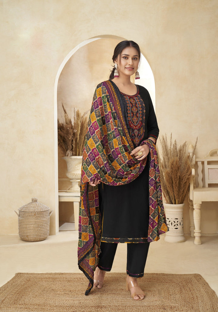 Ladyline Rayon Embroidered Salwar Kameez Suit with Bandhani Printed Dupatta | Palazzo Pants