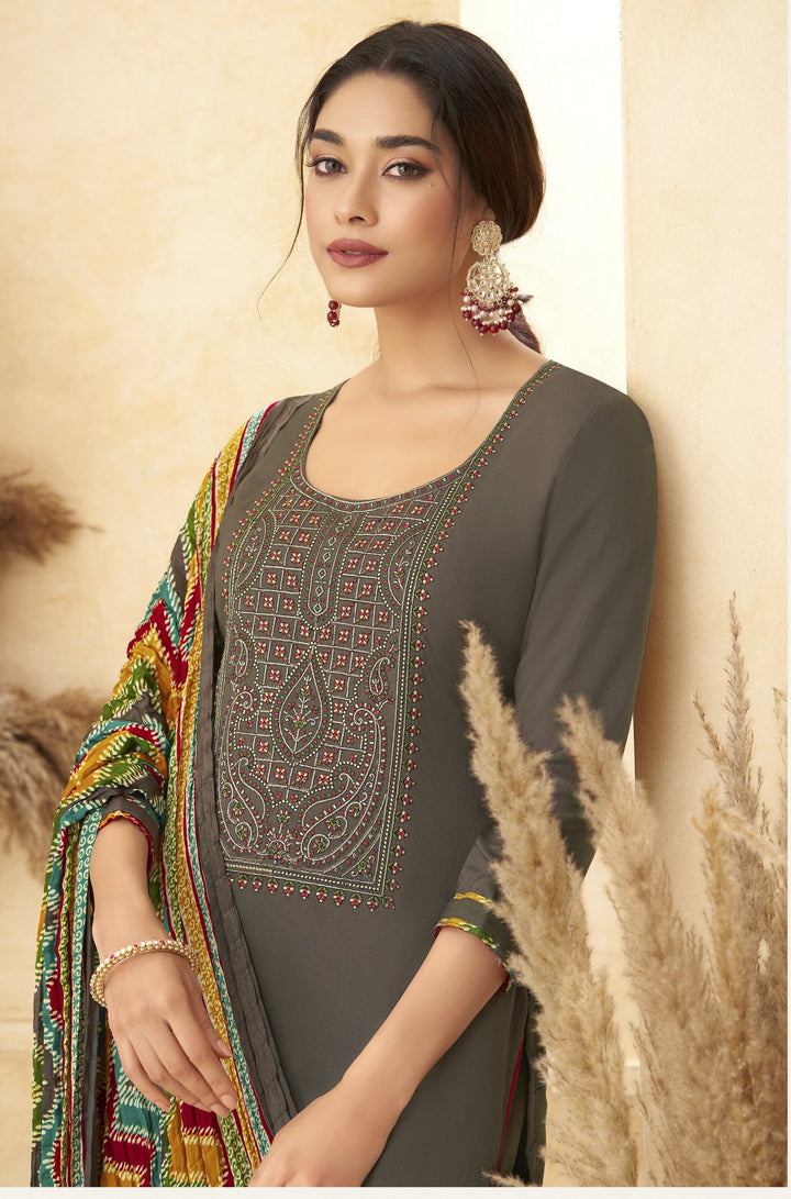 Ladyline Rayon Embroidered Salwar Kameez Suit with Bandhani Printed Dupatta | Palazzo Pants