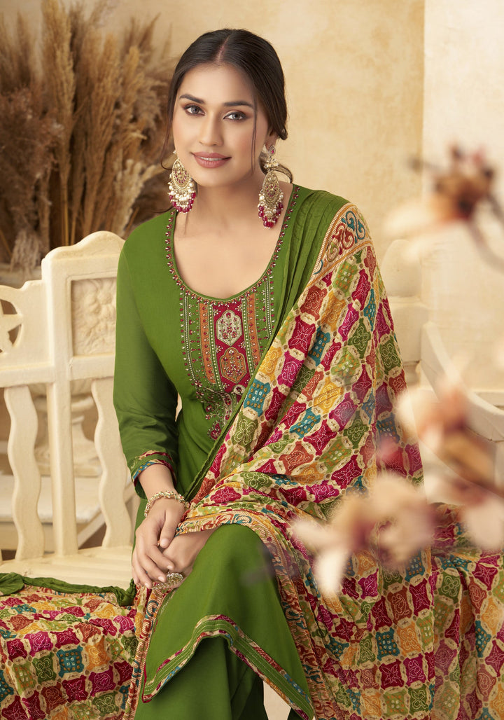 Ladyline Rayon Embroidered Salwar Kameez Suit with Bandhani Printed Dupatta | Palazzo Pants