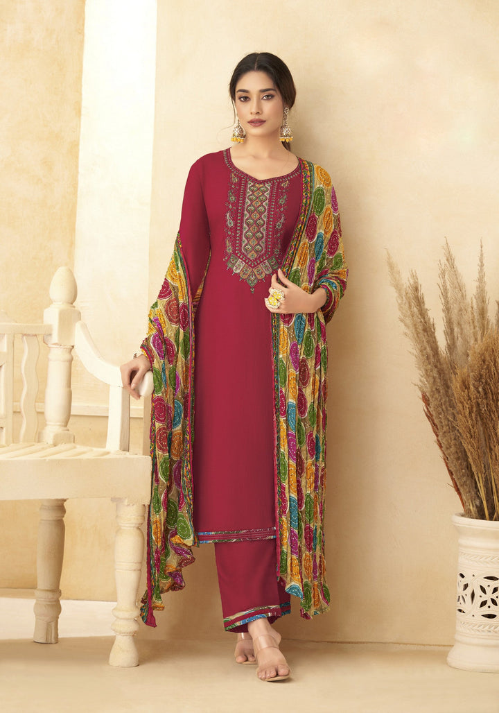 Ladyline Rayon Embroidered Salwar Kameez Suit with Bandhani Printed Dupatta | Palazzo Pants