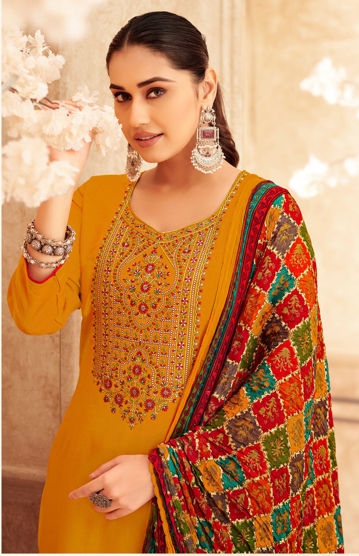 Ladyline Rayon Embroidered Salwar Kameez – Kurta, Palazzo Pants & Bandhani Printed Dupatta 3-Piece Set| Ethnic Indian Salwar Suit Set