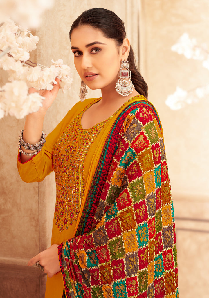 Ladyline Rayon Embroidered Salwar Kameez – Kurta, Palazzo Pants & Bandhani Printed Dupatta 3-Piece Set| Ethnic Indian Salwar Suit Set