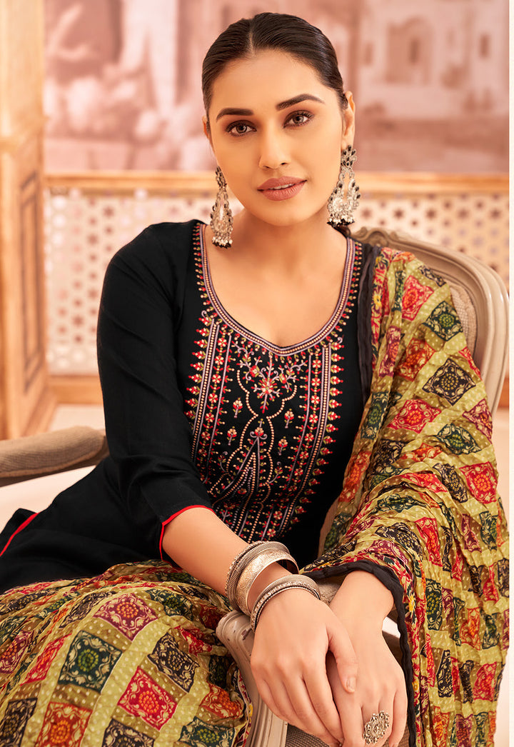 Ladyline Rayon Embroidered Salwar Kameez – Kurta, Palazzo Pants & Bandhani Printed Dupatta 3-Piece Set| Ethnic Indian Salwar Suit Set