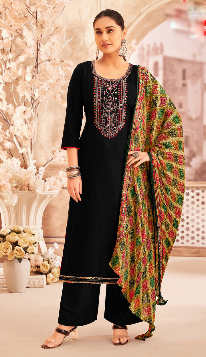 Ladyline Rayon Embroidered Salwar Kameez – Kurta, Palazzo Pants & Bandhani Printed Dupatta 3-Piece Set| Ethnic Indian Salwar Suit Set