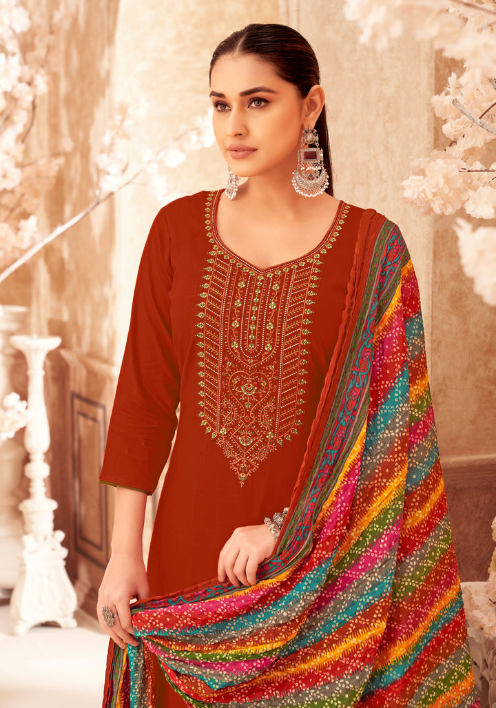 Ladyline Rayon Embroidered Salwar Kameez – Kurta, Palazzo Pants & Bandhani Printed Dupatta 3-Piece Set| Ethnic Indian Salwar Suit Set