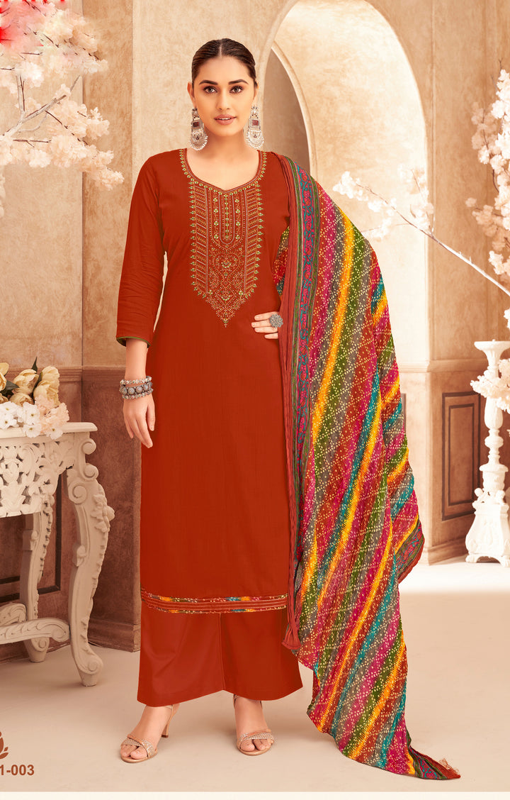 Ladyline Rayon Embroidered Salwar Kameez – Kurta, Palazzo Pants & Bandhani Printed Dupatta 3-Piece Set| Ethnic Indian Salwar Suit Set